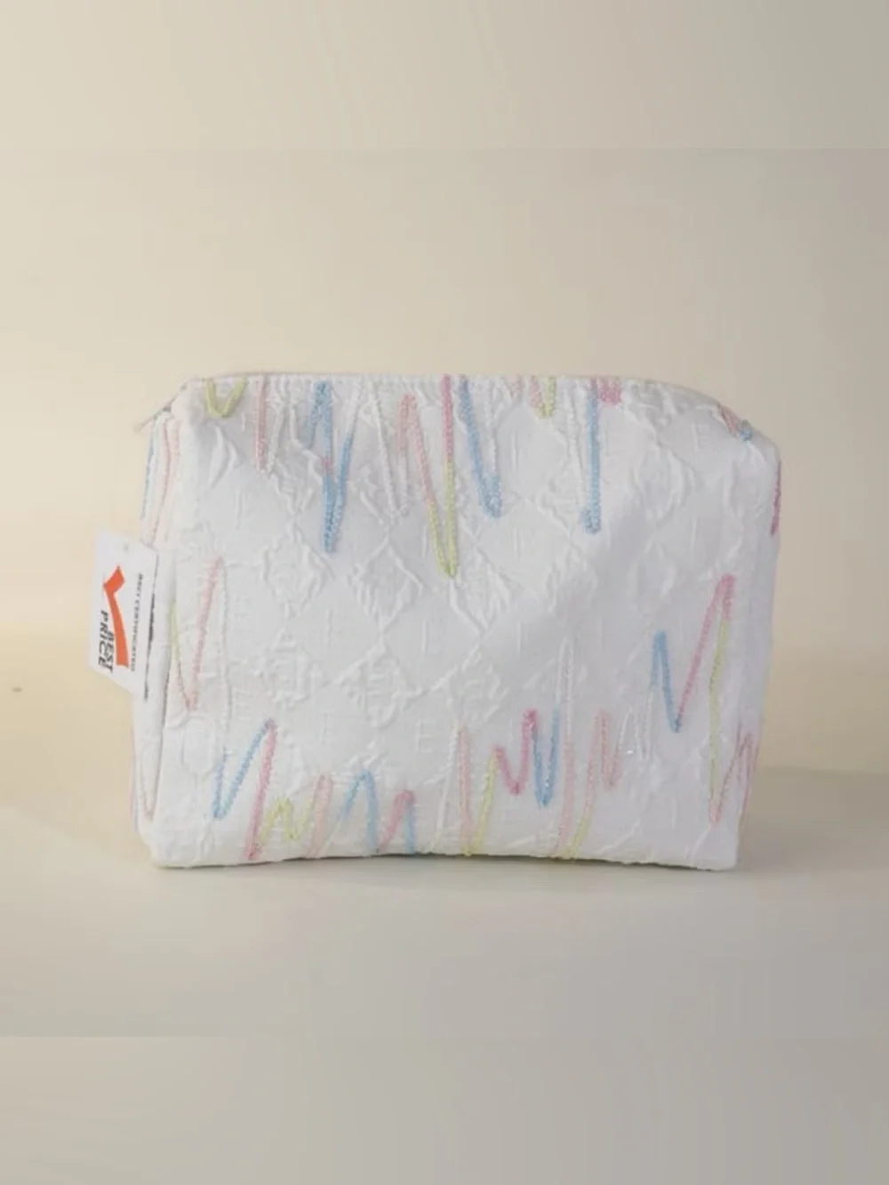 BRAND NEW White Cosmetic Pouch with Pastel Zigzag Stitching